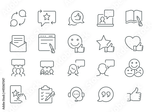 Business and finance web line icon set. Testimonials, customer relationship management or CRM concept. Simple outline style symbol collection. Vector illustration isolated on white background. EPS 10.