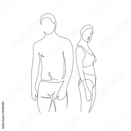 couple man and woman in underwear or swimwear. One line Hand drawn vector linear silhouette