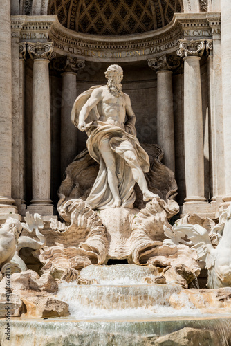 Italy, Rome. The Trevi Fountain, designed by Nicola Salvi. Aqua Virgo, 'Ocean' in center and four allegorical figures on sides representing value of rain to agriculture, prairies and gardens.