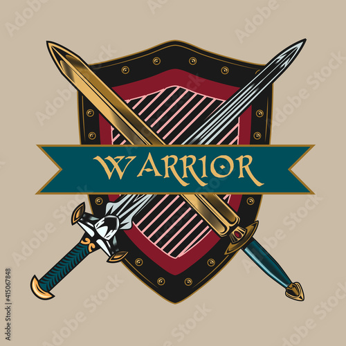 Engraving sticker with crossed swords in front of shield. Colored design element with ancient warrior emblem. Medieval history and heraldry concept for tattoo, stamp, print template