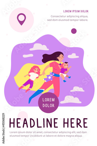 Happy superhero mother flying and carrying children flat vector illustration. Cartoon busy super mom shopping or having fun with baby and elder girl. Family and motherhood concept
