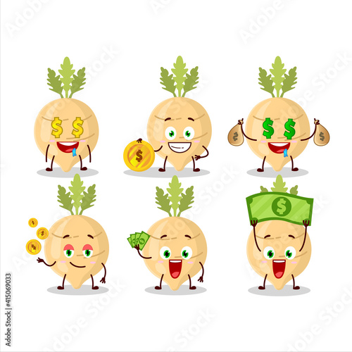 Radish cartoon character with cute emoticon bring money