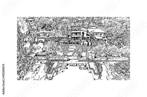 Building view with landmark of Iloilo is on Panay Island in the Philippines. Hand drawn sketch illustration in vector.