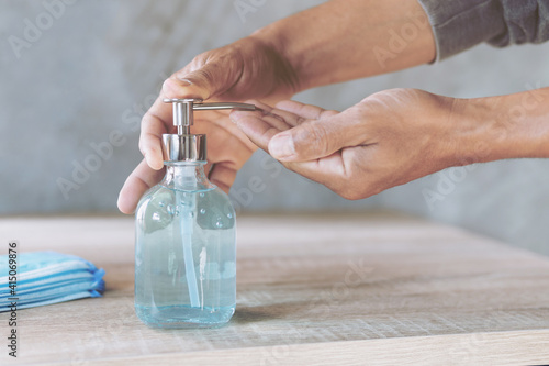 Washing hands with alcohol gel sanitizer, dirty skin care hygiene concept. prevent the spread of germs and bacteria and avoid infections coronavirus (covid 19) at home.