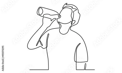 Continue line of man is drinking water from a bottle