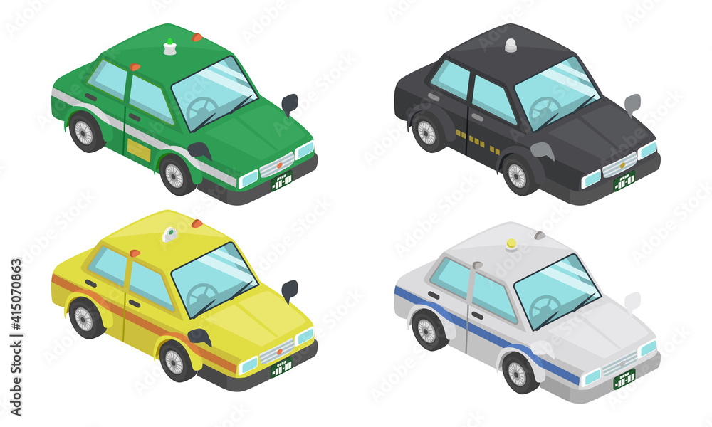 タクシー４種類のベクターイラスト(アイソメトリック,アイソメ)