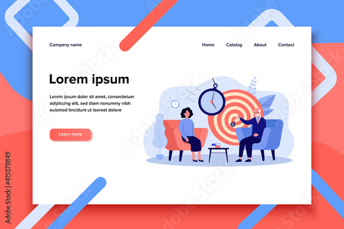 Woman sitting on session of hypnosis therapy isolated flat vector illustration. Cartoon psychologist holding abstract psychedelic whirlpool. Altered state of mind and unconsciousness concept