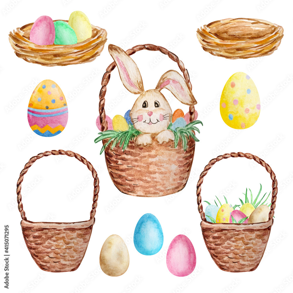 Watercolor set of wicker Easter baskets and nests with eggs Stock ...