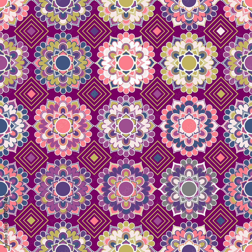 Geometric colorful floral ornament mandala flowers seamless vector pattern design on a purple background. Traditional style. Print fabric. Card