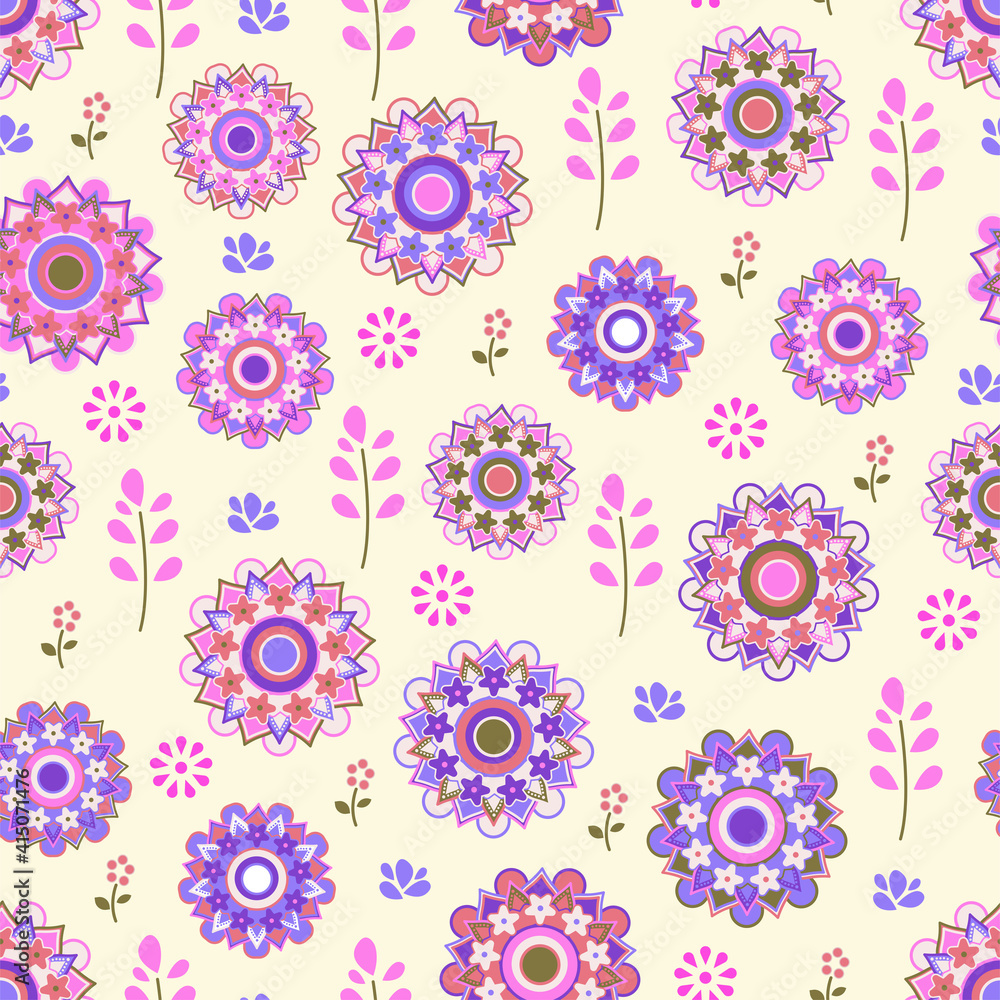 Springtime beautiful floral ornament meadow fresh flowers seamless vector illustration design. Fabric print. Card