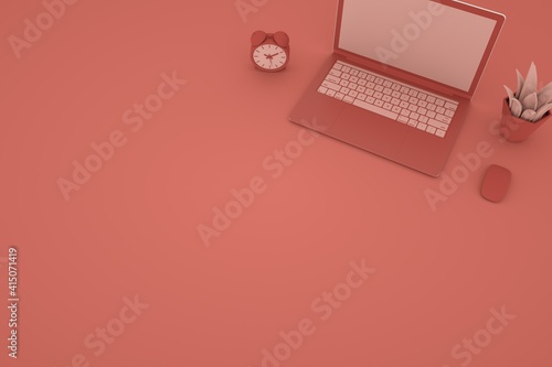 Business background and minimal idea concept. Laptop, coffee, plant and the computer mouse on desk in office. 3D Render.