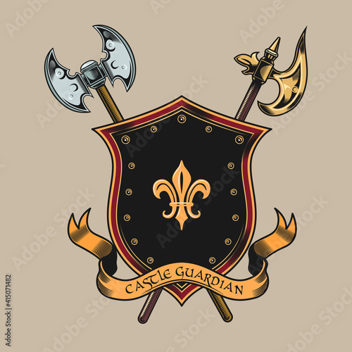 Colored vintage dark shield with lily vector illustration. Colorful emblem with crossed weapons behind shield. Medieval history and heraldry concept can be used for retro template