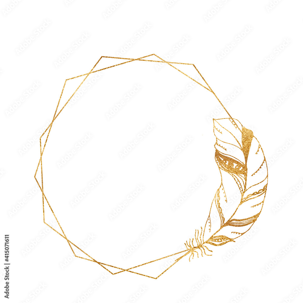 Gold geometric frames with feather elements. Geometrical polyhedron for wedding invitation.