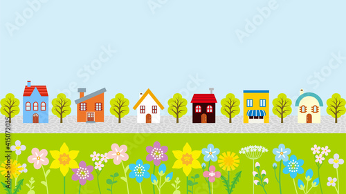 Springtime townscape, cute cartoon style