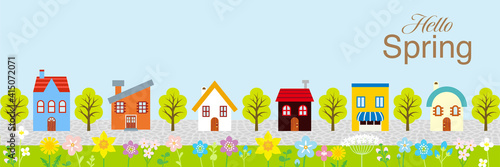 Springtime townscape, cute cartoon style - banner ratio, Included greeting word "Hello Spring"