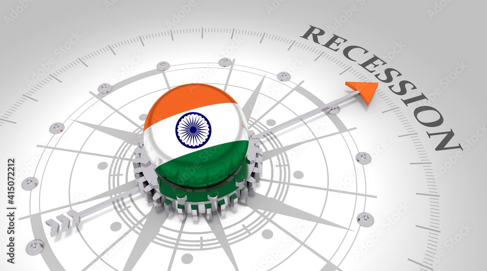 Business concept. Abstract compass points to the recession word. Flag of India. 3D rendering Business concept. Abstract compass points to the recession word. Flag of India. 3D rendering