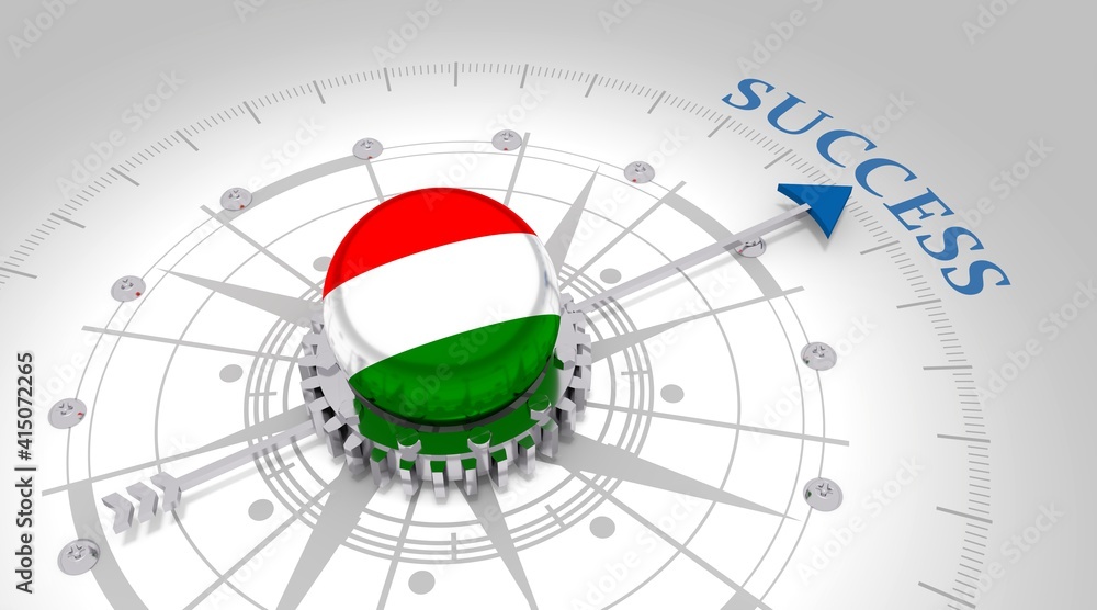 Business concept. Abstract compass points to the success word. Flag of Hungary. 3D rendering Business concept. Abstract compass points to the success word. Flag of Hungary. 3D rendering