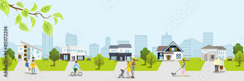 People in the residential area, Springtime townscape - Banner ratio