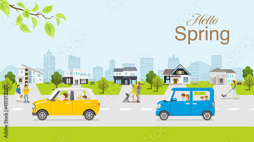 People and car in the residential area, Springtime townscape - Included greeting word "Hello Spring"