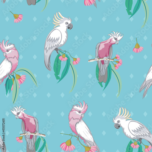 Aqua cockatoos and Galah Australian birds seamless pattern. Vector illustration seamless pattern