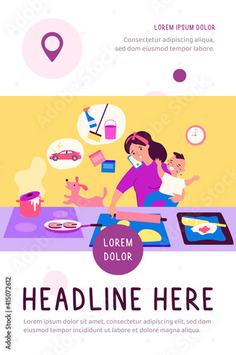Multitasking mom with baby flat vector illustration. Cartoon busy mother in chaos with cooking, kid learning, home cleaning and talking on phone. Task overload and family concept