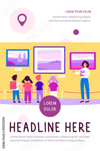 Children visiting museum excursion, standing at picture and listening to guide. Vector illustration for art gallery, cultural education, exhibition concepts