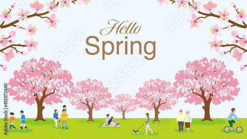 People enjoying cherry blossom viewing - Included words "Hello Spring"