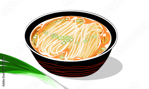 Simple egg noodles with soup in a bowl with leeks decoration on white background. Isolated close up hand drawing vector Illustration. 