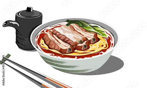 Noodles with ribs and soup in a bowl. Isolated for with chopsticks and source bottle decoration on white background. Close up hand drawing vector illustration.