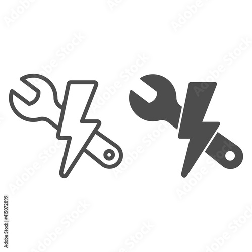 Wrench and lightning line and solid icon, electric car concept, Electric car service station sign on white background, eco transportation repair service icon in outline style. Vector graphics.