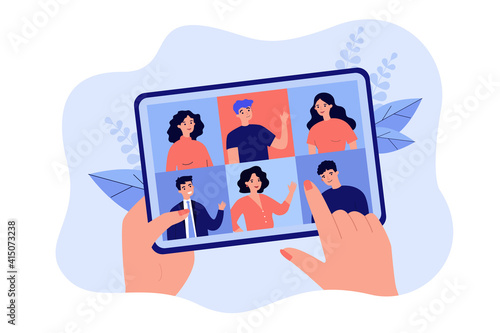 Female hand holding tablet with group video call isolated flat vector illustration. Cartoon digital tablet with online conference on screen. Virtual community and communication concept