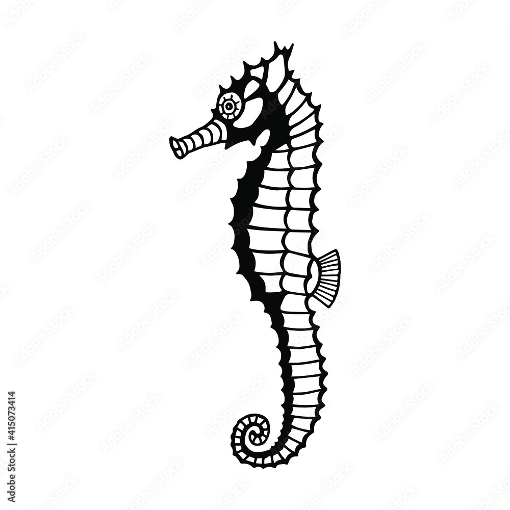 Sea Horse. Vector stock illustration eps10. Isolate on white background, outline, hand drawing.