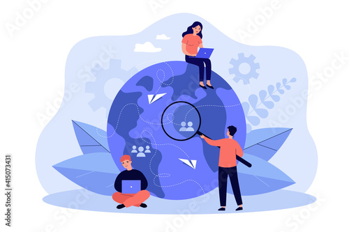 Tiny people working from different countries isolated flat vector illustration. Cartoon idea of teamwork, investment and tech business process. Outsourcing and recruitment concept