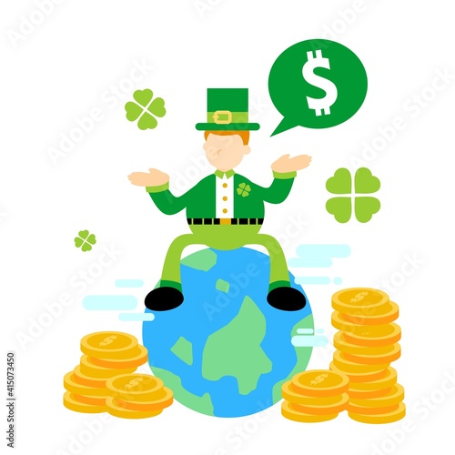 leprechaun shamrock celtic World economy money dollar global cartoon doodle flat design style vector illustration