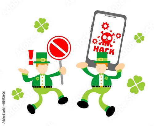 leprechaun shamrock celtic stop hack protection system cartoon doodle flat design style vector illustration