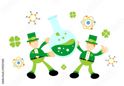 leprechaun shamrock celtic and experiment laboratory flask research science cartoon doodle flat design style vector illustration
