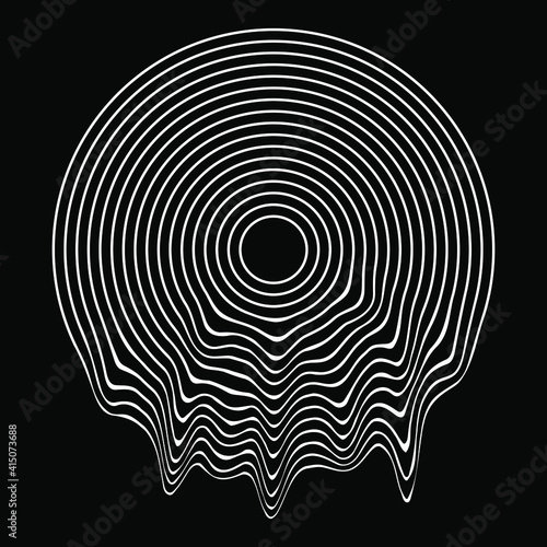 White concentric melted shape. Vector illustration. Design element for technology round logo, striped border frame, blackout tattoo, prints, monochrome pattern and abstract background