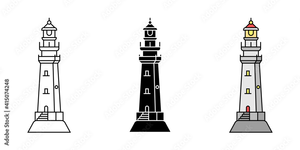 Set of simple flat minimalism lighthouses in three variations. Vector illustration Set of simple flat minimalism lighthouses in three variations. Vector illustration