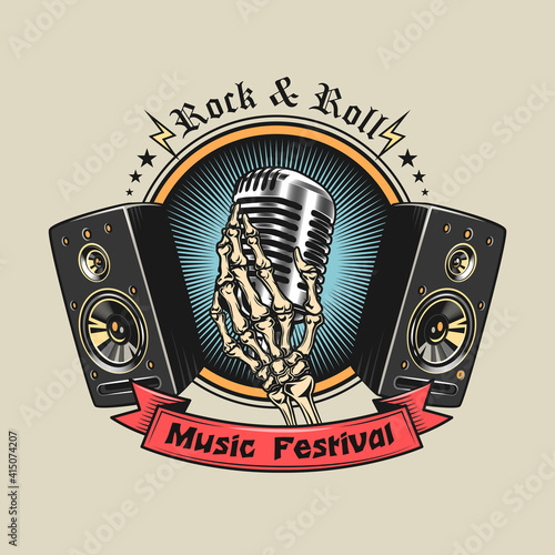Vintage emblem with skeleton hand holding microphone. Engraving design elements with mic, speakers and text. Rock music festival and entertainment concept for band stamp, label, sign template