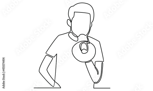 Continue line of man holding a megaphone, loudspeaker, shouting, announcing something