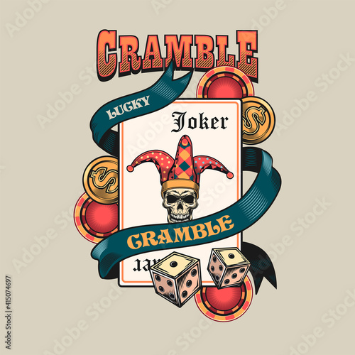 Card with joker skull. Colorful isolated element with dead skeleton head in fools cap, chips, dices, cash vector illustration. Gambling or casino concept for symbols and emblems templates
