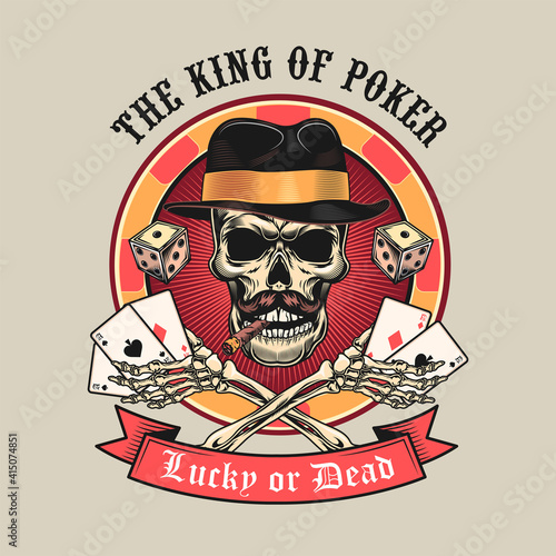King of poker skull. Colorful isolated element with dead skeleton head in fedora hat, cards and dices vector illustration. Gambling or casino concept for symbols and emblems templates
