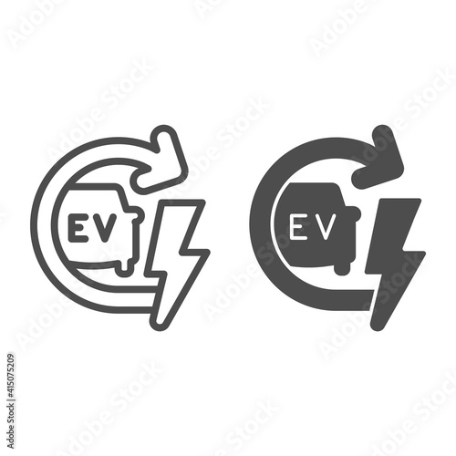 Recharging electric car line and solid icon, electric car concept, EV with arrow and lightning sign on white background, E-car icon in outline style for mobile concept and web design. Vector graphics.