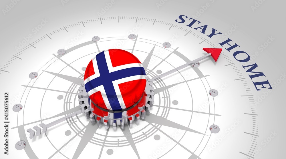 Concept of medicine. Abstract compass points to the stay home text. Flag of Norway. 3D rendering Concept of medicine. Abstract compass points to the stay home text. Flag of Norway. 3D rendering