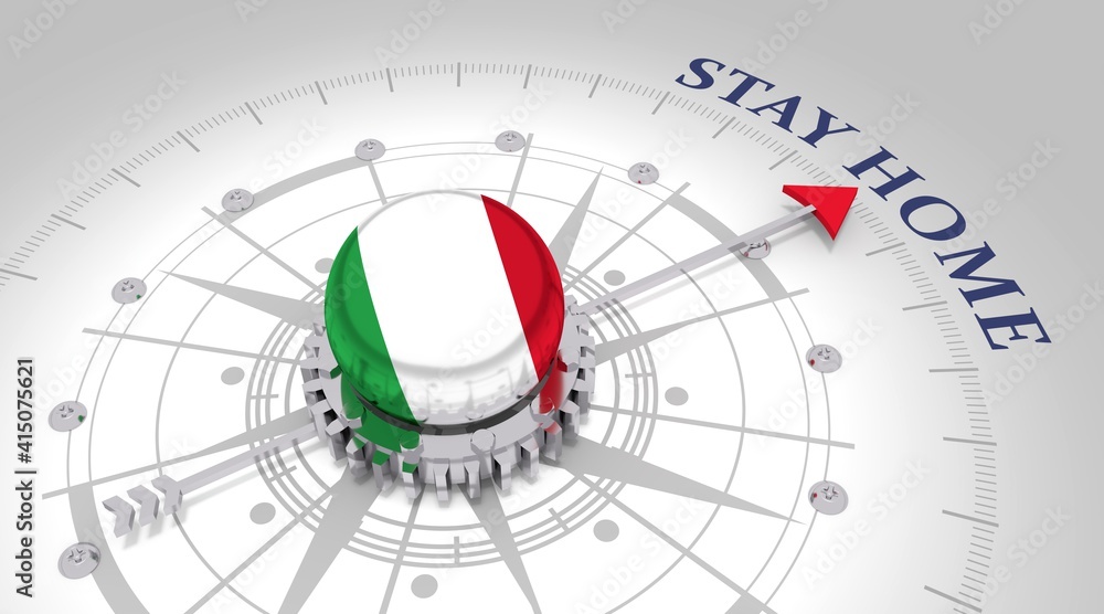 Concept of medicine. Abstract compass points to the stay home text. Flag of Italy. 3D rendering Concept of medicine. Abstract compass points to the stay home text. Flag of Italy. 3D rendering