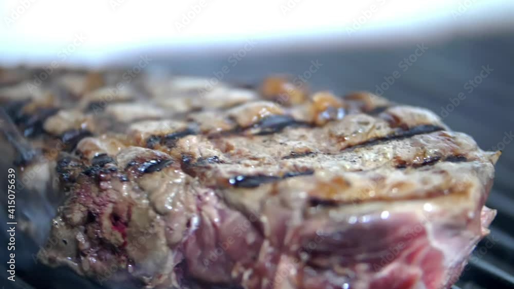 Juicy-looking piece of meat over the fire of a grill Juicy-looking piece of meat over the fire of a grill