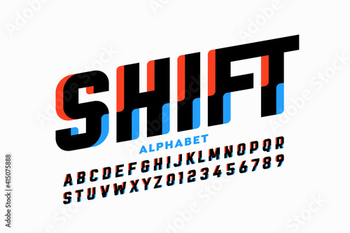 Shifted style font design, alphabet letters and numbers