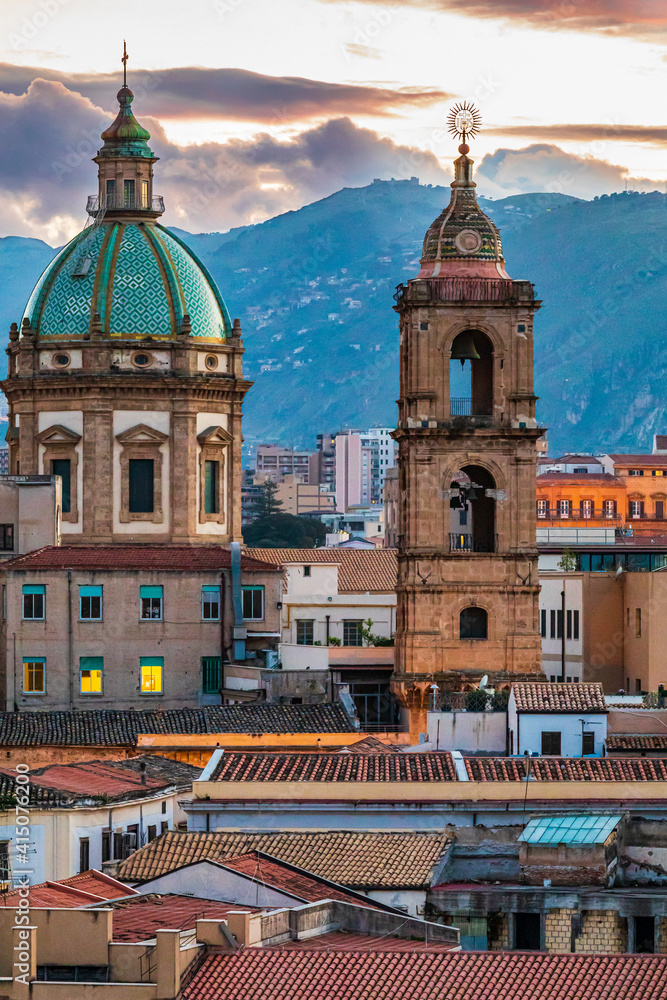 Obraz premium Italy, Sicily, Palermo Province, Palermo. The dome and bell tower of the baroque Chiesa del Gesu, or Church of the Jesus, in Palermo.