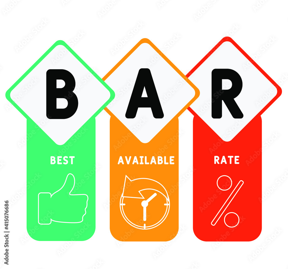 BAR - Best Available Rate acronym. business concept background. vector illustration concept with keywords and icons. lettering illustration with icons for web banner, flyer, landing page BAR - Best Available Rate acronym. business concept background. vector illustration concept with keywords and icons. lettering illustration with icons for web banner, flyer, landing page