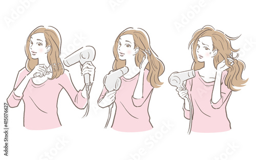 ドライヤーで髪の毛を乾かす女性のイラスト